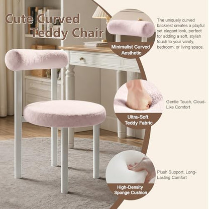 Cute Small Armless Desk Chair, Ergonomic Comfy Vanity Chairs Lumbar Support with Back for Makeup, Teddy Fabric Computer Desk Chair for Home, Bedroom, Vanity, Teens, Adults - color: Pink