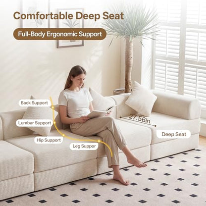 112" L Shaped Modular Sectional Sofa with Ottoman, Cloud Boneless Couch Deep Seat with 4 Pillows, Oversized Folding Sofa Bed Couches for Living Room Bedroom,No Assembly-White - color: Cream, size: 4 Seat