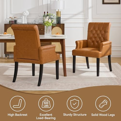Dining Chair with Arms, PU Leather High Back Dining Room Chairs, Brown | Set of 2, PU Leather Dining Chairs, Tufted Armchair with Solid Wood Leg, Nailhead Trim, Comfortable Parson Kitchen Chairs - color: Pu-brown, size: 2 PCS