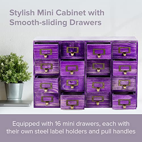 Purple 16-Slot Wooden Drawer Unit - Country Style Desk Organizer Box - 20"x3.6”x14” Wooden Storage Box w/ 16 Drawers - Countertop Drawers w/Label Holder & Handle - Slim 4-Level Organizer - color: 16 Drawer Plum Purple