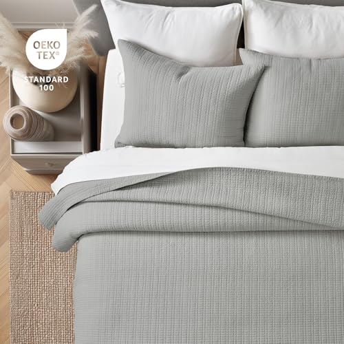 100% Cotton Modern Grid Stitch Quilt Set, King Size, Drizzle Gray | Pre-Washed Cotton Coverlet Bedspread, Oversized Lightweight 3-Piece Bedding Set for All Season, with 2 Pillow Shams - color: Drizzle Gray, size: King (110" X 94")