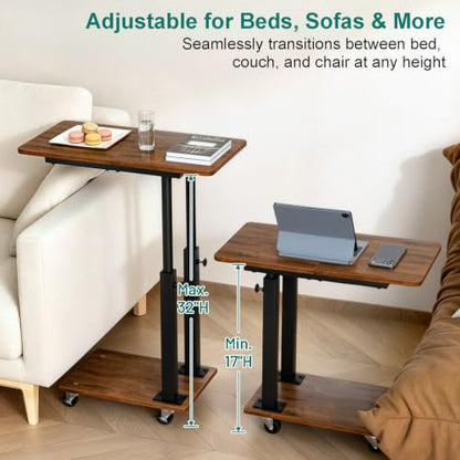 AOODA 22''W TV Tray Table with Wheels Adjustable Height, C Shaped End Tables Living Room, Rolling Couch Side Table with Storage for Sofa, Bed, Recliner (Rustic Brown) - color: Brown