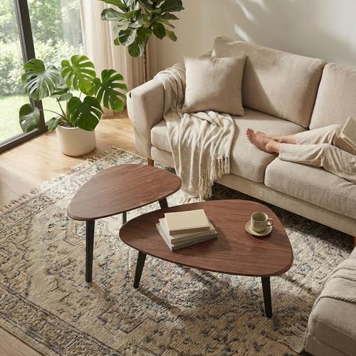 Nesting Coffee Table Set of 2-Mid Century Modern Coffee Table | Guitar Pick Stacking Tables with Solid Wood Legs,Small Coffee Tables for Small spaces,Living Room,Balcony - color: Walnut