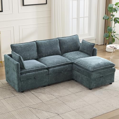80" Cloud Modular 3 Seater Sofa with Storage Ottoman, Modern Upholstered Storage Sofa Couch Deep Seat, L Shape Sectional Sofa Chenille Comfy Couch with Armrests for Living Room, Small Space, Blue - color: Blue, size: 80" 3 Seater+1 Ottoman