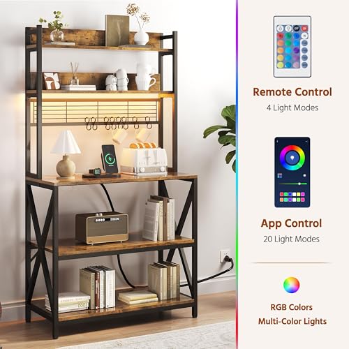 Yaheetech 5-Tier Bakers Rack with Power Outlet & LED Lights,Rustic Brown | 64 Inches Tall Microwave Oven Stand with Storage for Spices,Pots,Engineered Wood and Metal shelves,Coffee Bar Table - color: Rustic Brown