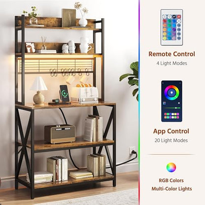 Yaheetech 5-Tier Bakers Rack with Power Outlet & LED Lights,Rustic Brown | 64 Inches Tall Microwave Oven Stand with Storage for Spices,Pots,Engineered Wood and Metal shelves,Coffee Bar Table - color: Rustic Brown