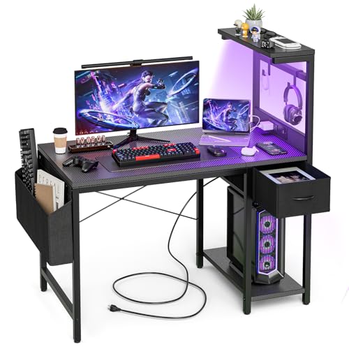 Grandder Gaming Desk 40 Inch with Power Outlet and LED Light, Computer Desk with Reversible Shelves and Storage Drawer, Pc Small Desk for Home Office Table with Bag, Carbon Fiber Black - color: Black, size: 40 Inch