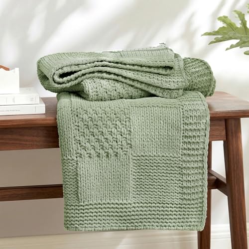 Knit Throw Blanket, Soft Chenille Cozy Breathable Checkered Chunky Decorative Blanket for Couch, Bed & Sofa, French-Inspired Lightweight Warm Gift for Women, Sage Green, 60"x80" - color: Checkered Sage Green, size: Checkered Knit 60"x80"