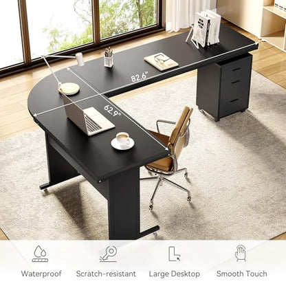 LITTLE TREE 82.67" Long Executive Desk Large L-Shaped Computer Office Desk with 3-Drawer Mobile File Cabinet, Industrial Business Furniture Desk Workstation for Home Office, Black - color: Black