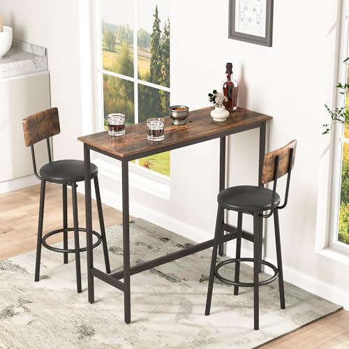 Spaco Bar Table Set for 2, Small Kitchen Dining Table Set with 2 PU Upholstered Stools, Counter Height Dining Table Set with Iron Frame for Kitchen,Small Space - color: Brown, size: 3 Piece-1 Rectangular Table and 2 Round Stools