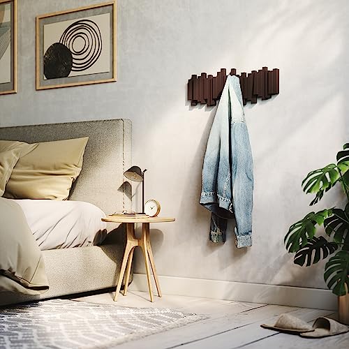 Umbra Sticks Wall Mount Coat Rack, 5 Hook Retractable Pegs, Espresso | Mounting hardware included, sculptural modern design, entryway or bedroom use, recycled plastic - color: Espresso, size: 5-Hook