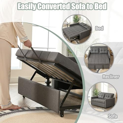 GOSUHI 52" 3-in-1 Convertible Sleeper Sofa Bed, Linen, Dark Gray | Pull-Out Bed, Stepless Adjustable Backrest, Side Pocket, Compact Loveseat, Living Room, Dorm & Apartment - color: Dark Gray