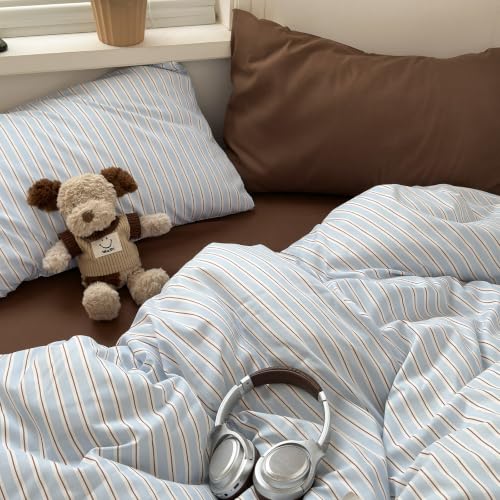 mixinni Vintage Striped Twin Duvet Cover Set, Washed Microfiber Coastal Bedding, Light Blue Brown Vertical Stripe Comforter Cover with Zipper & Corner Ties, (1 Duvet Cover + 2 Pillowcases) - color: 04 - Light Blue/Brown Striped, size: Twin(68" x 86")