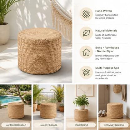 Wimarsbon 18'' Ottoman Pouf, Natural Braided Poof, Rustic Handweave Lounge Pouffe, Boho Footrest Stool for Bedroom, Accent Table or Seat for Living Room (Natural-LD) - color: 18inch Natural Water Hyacinth Braid