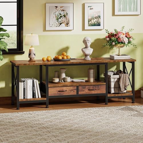 DUMOS TV Stand with Fabric Drawers for 65 70 75 Inches TV | Entertainment Center and Industrial TV Console Table with Open Storage Shelves for Living Room, Bedroom, 63" Rustic Brown - size: 63 Inch