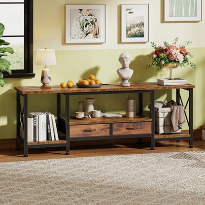 DUMOS TV Stand with Fabric Drawers for 65 70 75 Inches TV | Entertainment Center and Industrial TV Console Table with Open Storage Shelves for Living Room, Bedroom, 63" Rustic Brown - size: 63 Inch