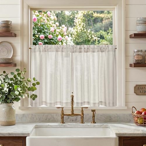 jinchan Gray Striped Linen Kitchen Curtains 24 Inch Cafe Tier Curtains Balanced Stripe Farmhouse Small Drapes for Bathroom Laundry Over Sink Half Window Light Filtering 2 Panels Grey on Linen - color: Striped Grey on Linen, size: 26"W x 24"L (Pack of 2)