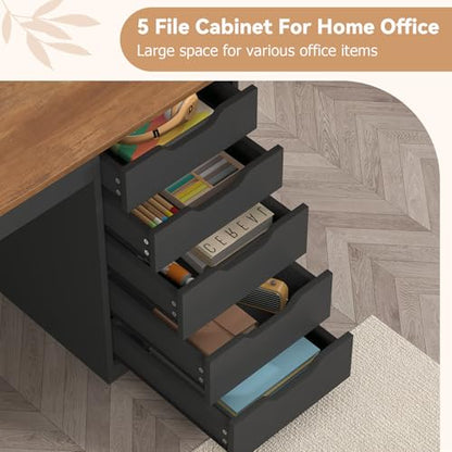 47 Inch Computer Desk with 5 Drawers and Power Outlets for Small Spaces | Home Office Desks with Storage File Cabinet and Charging Station, Modern Simple Laptop Desk Writing Table, Brown and Black - color: Brown and Black