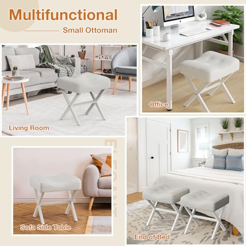 18-Inch Large Leather Vanity Stool Chair, White Makeup Stool | Vanity Bench, Metal X-Leg, 350 LBS, 20"x16.9"x18", Ottoman Accent Stool, Thick Padded Saddle Seat, For Living Room Bedroom - size: Large, style: White Leather