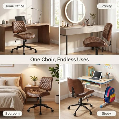 Furnimart Wooden Armless Desk Chair with Wheels, 360° Swivel Faux Leather Vanity Chair for Bedroom, Small Office Computer Task Chair for Home & Compact Spaces (PU Brown) - color: Pu-brown
