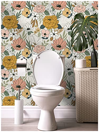HAOKHOME Floral Wallpaper Peel and Stick Daisy Vintage 17.7in x 32.8f | Farmhouse Leaf Textured Removable Waterproof Renter Friendly Stick on Wall Paper Bathroom Bedroom Sand Olive Contact Paper - color: White/Sand/Oliva, size: L：17.7in x 32.8ft