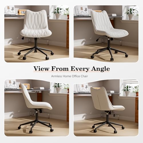 Armless Office Chair, Swivel Rolling Leather Desk Chair, White | Waterproof Upholstery, Padded Seat, 15° Relaxing Tilt, 330 LBS Capacity, for Bedroom Vanity and Computer Work - color: White