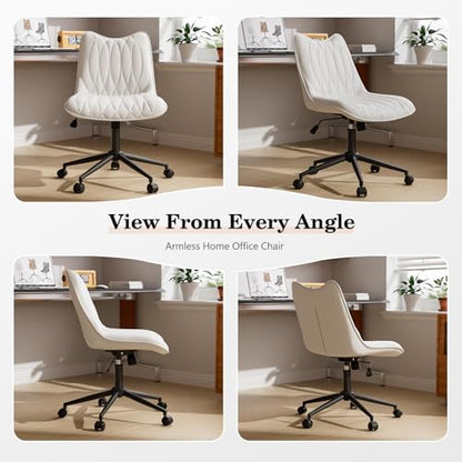 Armless Office Chair, Swivel Rolling Leather Desk Chair, White | Waterproof Upholstery, Padded Seat, 15° Relaxing Tilt, 330 LBS Capacity, for Bedroom Vanity and Computer Work - color: White