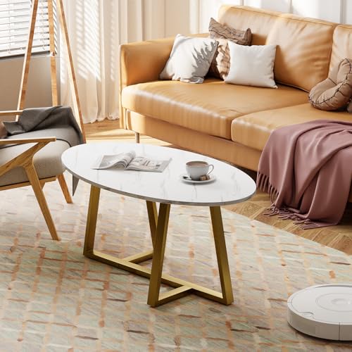 Wolawu Coffee Table White Faux Marble Coffee Table for Living Room,Oval Center Tables Modern Tea Table for Small Space,Wooden Living Room Tables End Table with Sturdy Gold Metal Leg - color: White Gold