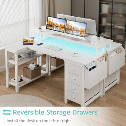 Lufeiya L Shaped Desk with Led Lights and Power Outlets, 47 Inch Writing Study Computer Gaming Desks with Fabric Drawers for Bedroom, Home Office Corner Desk with Monitor Stand Shelves, White