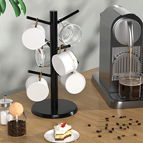 Bamboo Coffee Mug Tree with 6 Hooks, Black Coffee Cup Holder for Countertop | Decorative Bamboo Mug Holder with 6 Hooks, Non-Slip Wooden Base, Easy-Access Mug Rack for Kitchen Coffee Bars Kitchen - color: Black Basic (6 Hooks)