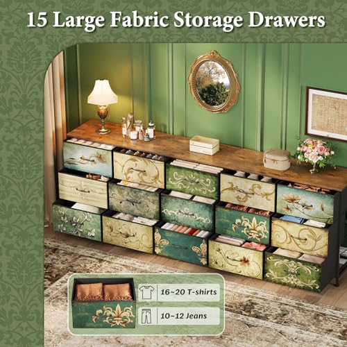 Dresser for Bedroom Chest of Drawers Fabric Dresser for Closet, Nursery Entryway Hall Tree TV Stand for Living Room Retro Floral Pattern Wooden Top (15 Drawers) - size: 13"D x 78.7"W x 26.8"H (15 Drawers)