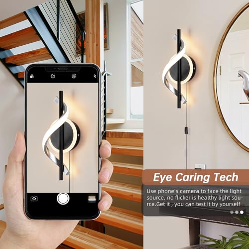 Black Plug in Wall Sconces Sets of 2, 12W Modern Spiral LED Wall Lamp, 3000K Warm White Wall Light Fixture for Stairs Living Room Bedroom Aisle Hallway - color: Black-Warm White