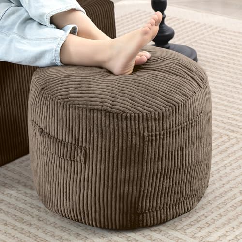 Round Stuffed Pouf Ottoman (Brown, 20" D x 20" W x 15" H) | Corduroy Foot Rest with Rebound Foam Filling, Furry and Fluffy Foot Stool Ottoman, Floor Poufs for Living Room - color: Brown, size: 20"D x 20"W x 15"H