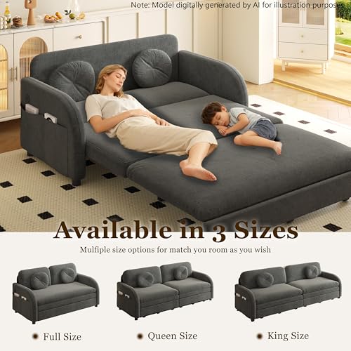 52.4'' Full Size Sleeper Sofa Bed, 3-in-1 Pull Out Chenille Couch, Grey | Cozy Curved Armrest, Loveseat with USB, 2 Round Pillows, Washable Cover, Pocket, for Living Room, Apartment, Small Spaces, RV - color: Grey, size: 52.4'' Full