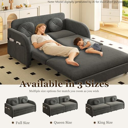 52.4'' Full Size Sleeper Sofa Bed, 3-in-1 Pull Out Chenille Couch, Grey | Cozy Curved Armrest, Loveseat with USB, 2 Round Pillows, Washable Cover, Pocket, for Living Room, Apartment, Small Spaces, RV - color: Grey, size: 52.4'' Full