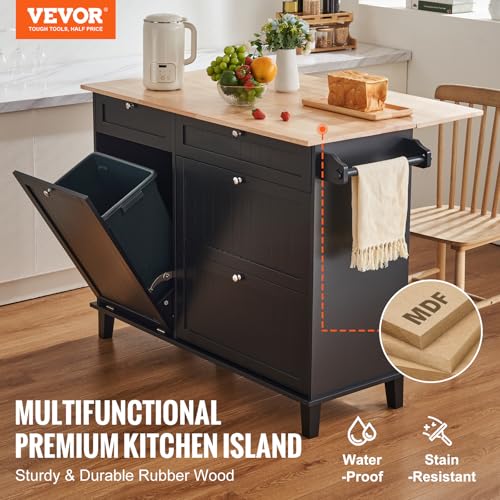 VEVOR Kitchen Island Cart, 50" Wood Top Breakfast Bar with Trash Cabinet Tilt Out 10 Gallon Storage, Farmhouse Dining Living Room Table with Drop Leaf, Towel Bar, Drawer, Black - color: Black
