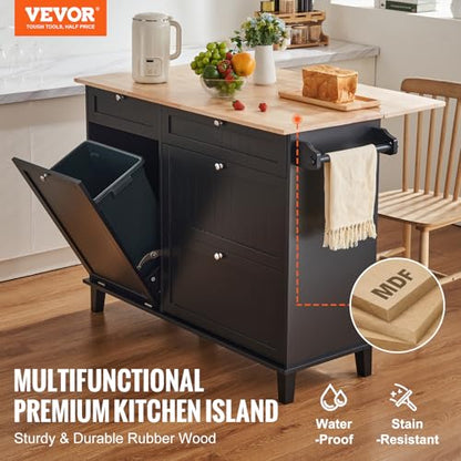 VEVOR Kitchen Island Cart, 50" Wood Top Breakfast Bar with Trash Cabinet Tilt Out 10 Gallon Storage, Farmhouse Dining Living Room Table with Drop Leaf, Towel Bar, Drawer, Black - color: Black