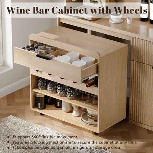 Gyfimoie 71" Large Pantry Cabinet with Wine Cart, Tall Kitchen Pantry Storage Cabinet with LED Light & Charging Station, Farmhouse Kitchen Hutch with Microwave Stand for Dining Room, Natural