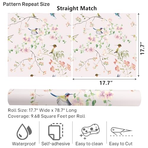 17.7"x78.7" Rustic Hummingbird Floral Wallpaper Peel and Stick Decorative Purple/Pink Floral Contact Paper for Cabinets Drawers Removable Self Adhesive Mural Wallpaper for Bedroom Nursery