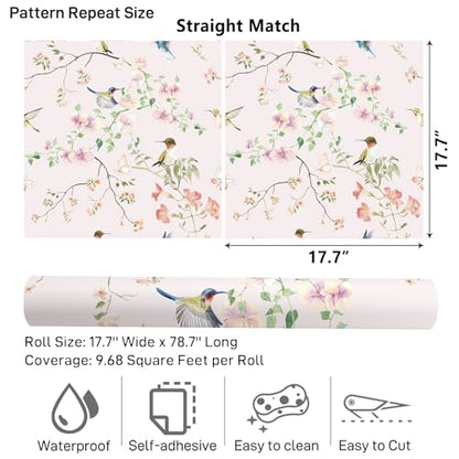 17.7"x78.7" Rustic Hummingbird Floral Wallpaper Peel and Stick Decorative Purple/Pink Floral Contact Paper for Cabinets Drawers Removable Self Adhesive Mural Wallpaper for Bedroom Nursery