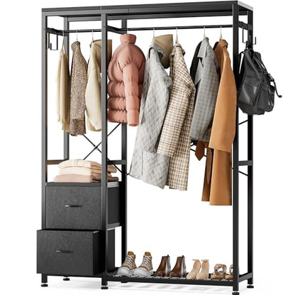 Clothes Rack with 2 Rods, Shelves, Drawers & Hooks, Garment Rack | Clothes rack with 2 hanging rods (50lbs each), 2 shelves, 2 fabric drawers & 4 hooks. 300lb total capacity. Fits small spaces - color: Black