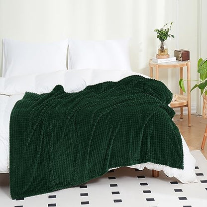 Puncuntex Fleece Throw Blanket Dark Green 90"×90" with Square Grid Design | Super Soft Plush Cozy Flannel Throw Blanket Luxury for Couch Sofa Chair - color: Dark Green, size: 90"×90"