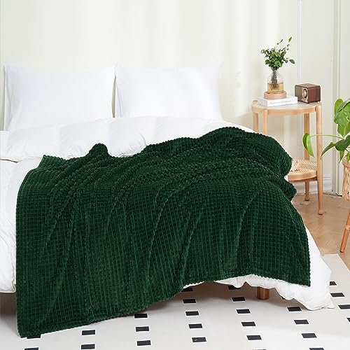 Puncuntex Fleece Throw Blanket Dark Green 60"×80" with Square Grid Design | Super Soft Plush Cozy Flannel Throw Blanket Luxury for Couch Sofa Chair - color: Dark Green, size: 60"×80"