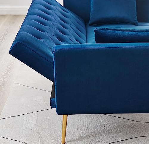 72"Modern Velvet Sofa Bed Futon,Convertible Folding Sleeper Bed Couches with 3 Adjustable Backrests,Tufted Recliner Love Seat with Golden Chrome Legs for Living Room Apartment Office (Navy+pillows) - color: Navy+pillows