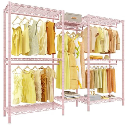 Raybee Clothes Rack,Clothing Racks for Hanging Clothes Heavy Duty,Adjustable Garment Rack with Shelves,Rolling Clothes Rack Max Load 905LBS,75" W x 77" H x 17.8" D Pink - color: Pink, size: 75" W x 17.8" D x 77" H