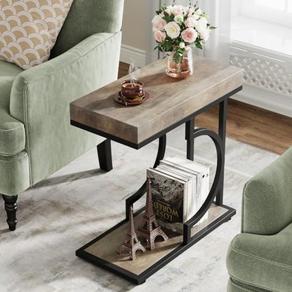Tribesigns Narrow Side Table C Shaped End Table Modern Bedside Tables for Couch, Small Sofa Chairside Tables with Metal Frame for Living Room (2, Gray+Black) - color: Gray+black