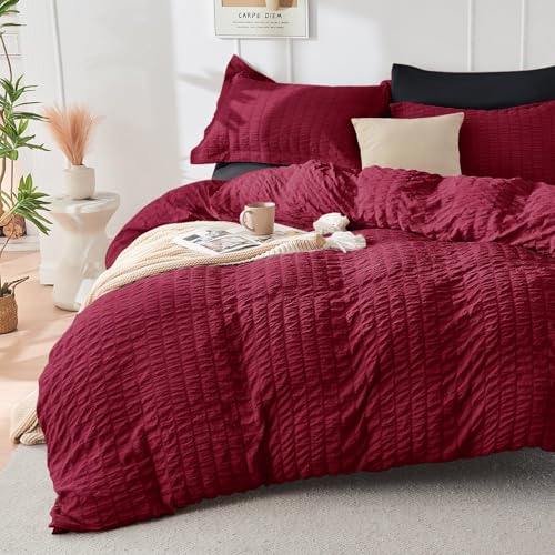 HYMOKEGE Dark Red/Black Twin Size Duvet Cover, Ultra Soft 2-Piece Seersucker Duvet Cover Set with Zipper Closure, Soft Brushed Microfiber Bedding Set with 8 Corner Ties (68"x90", 1 Pillowshams) - color: 03 - Red / Black (No Comforter), size: Twin(68"×90")