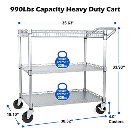 990Lbs Capacity Heavy Duty Rolling Utility Cart, NSF Rolling Carts with Wheels,Commercial Grade Metal Cart with Handle Bar & Shelf Liner,Trolley Serving Cart for Restaurant,Kitchen,Gray - color: Gray-3 Tier