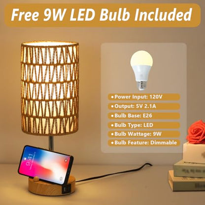 Bedside Lamps Set of 2 with Bulb, Touch Control Nightstand Lamp for Bedroom with Rattan & Linen Shade, 3 Way Dimmable Small Boho Table Lamps with USB Charging Port & Phone Stand - color: Faux wood-2pack
