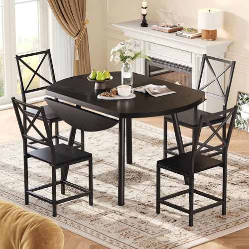 IRONCK Dining Table Set for 4, Round Kitchen Table and 4 Stool Chair for Dining Room, 44.5inch Drop Leaf Desk, Small Space Saving, Black